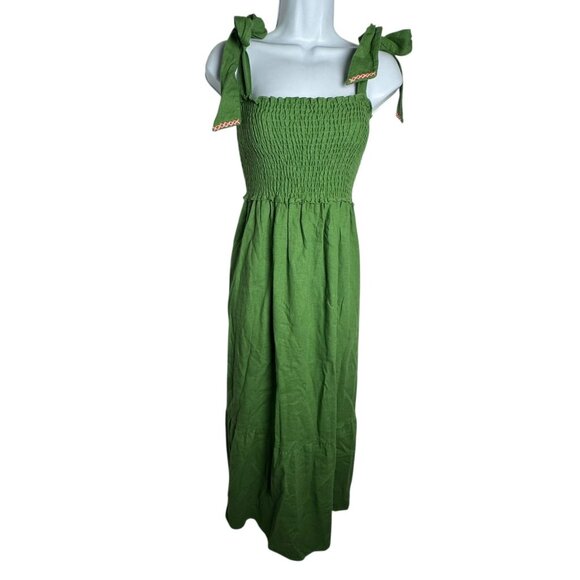 Caryn Lawn Linen Blend Lily Dress Green Midi Smocked Bodice Bow Straps small - Picture 9 of 9